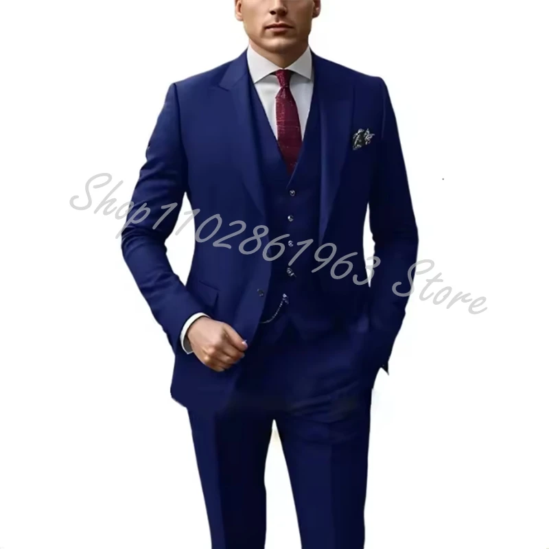 Burgundy Groom Wedding Tuxedos Groomsmen 3 Piece Slim Fit Peaked Lapel Suits Blazer Vest Pants Formal Costume Homme Mariage