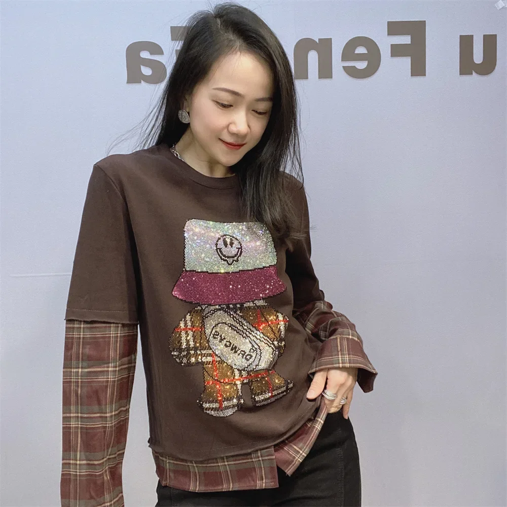 Faux Two-piece Patchwork Long Sleeve T-shirt Women 2025 New Spring Cartoon Hot Drilling O-neck Pullover Top Casual Basic Tees