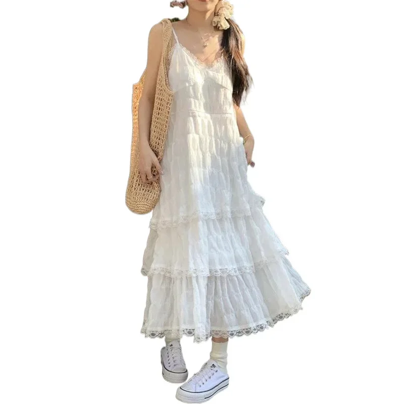 صيف جديد المرأة فستان بحزام عطلة الشاطئ نمط كعكة تنورة فستان شاطئ طويل تصميم الإحساس بلا أكمام مرونة الخصر #5