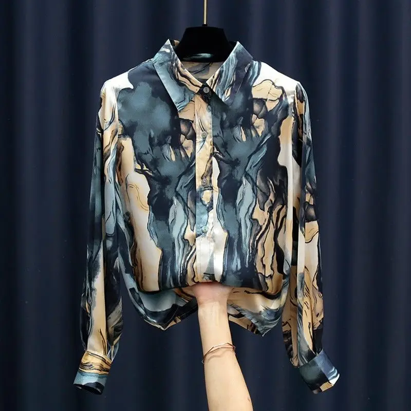 Fashion Tie Dye Printed Button Shirt Women\'s Clothing 2024 Spring New Casual Loose Oversized Lapel Long Sleeve Blouse Female