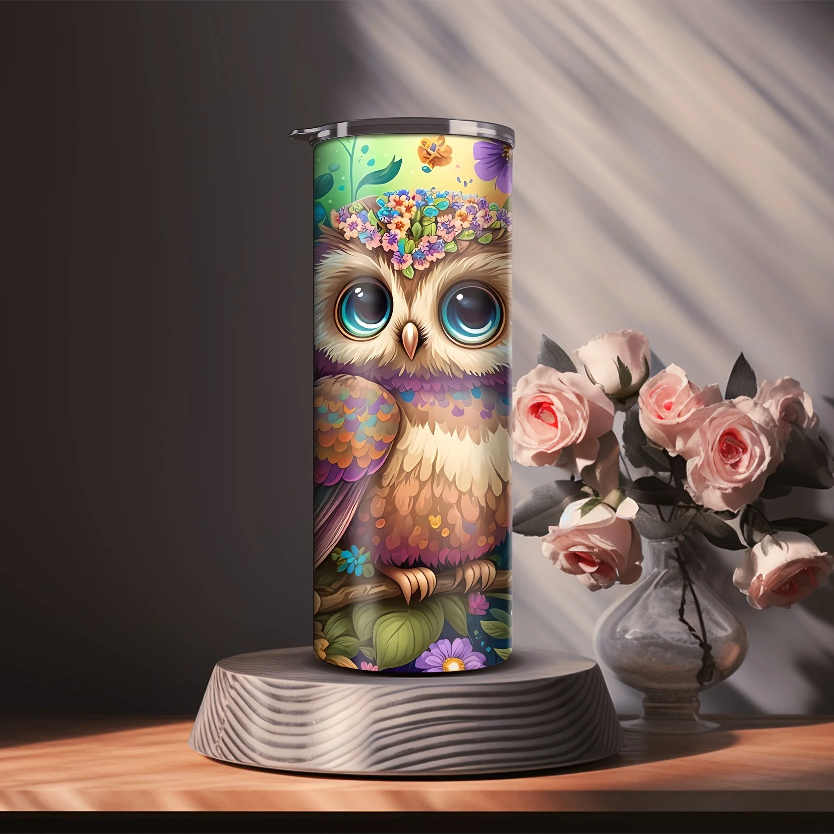 1pc 20oz Stainless Steel Insulated Tumbler with Cute Owl & Floral Design, Detachable Lid Insulation for Hot/Cold Drinks, Perfect for Office, Camping, Reading - Christmas Gift Idea, Office Drinkware | Vibrant Drinkware | Quality Craftsmanship