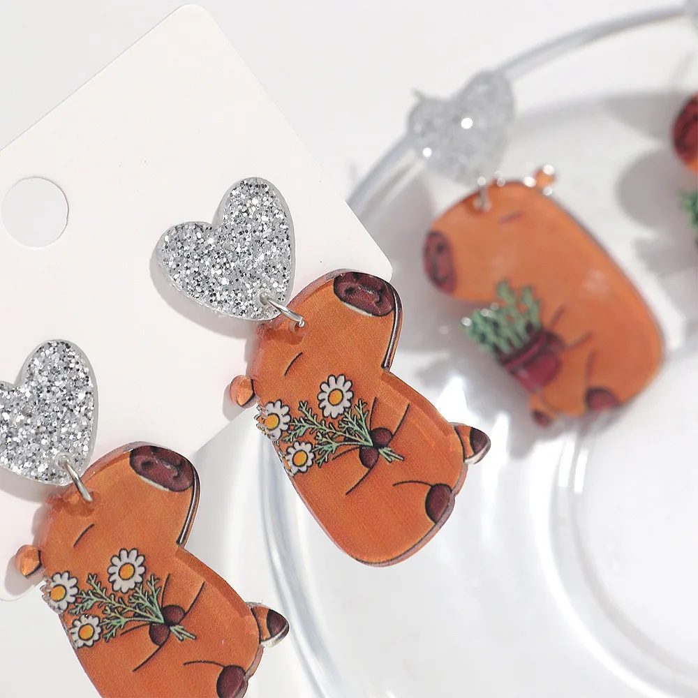 New Cute Groundhog Daisy Acrylic Earrings for Women Fashion Cartoon Flower Capybara Animal Drop Earring Funny Jewelry Gifts