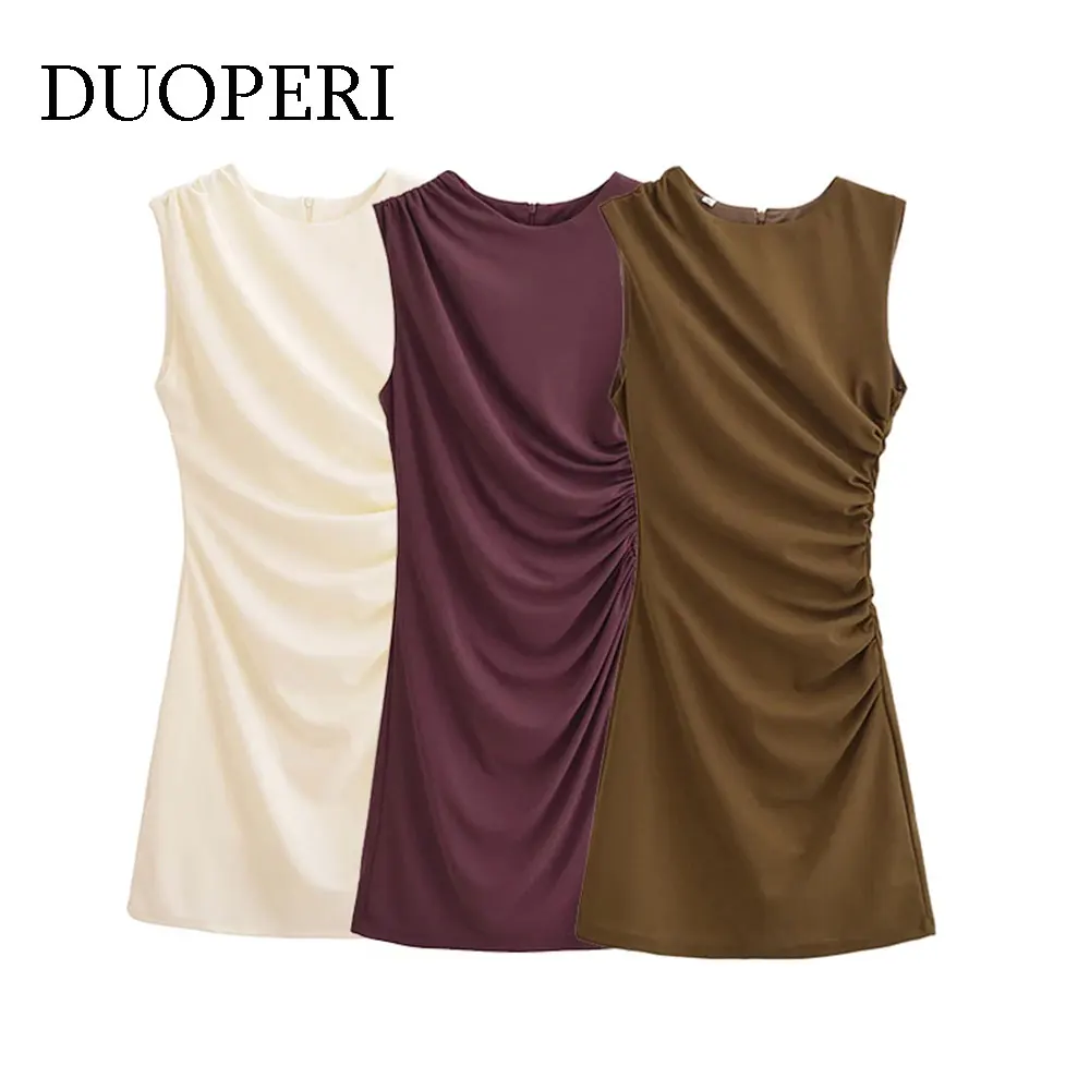 DUOPERI Women Solid Pleated Back Zipper Slim Fitting Mini Dress O-Neck Sleeveless Female Chic Lady Dresses