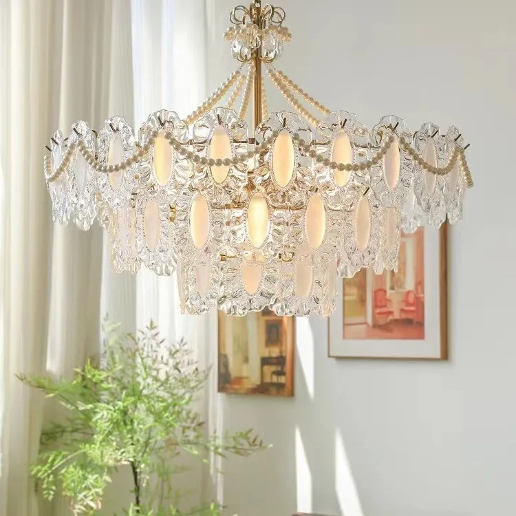 

French Luxury Chandelier Modern Simple LED Ceiling Light for Living Room Bedroom Study Iron Glass Non-Smart