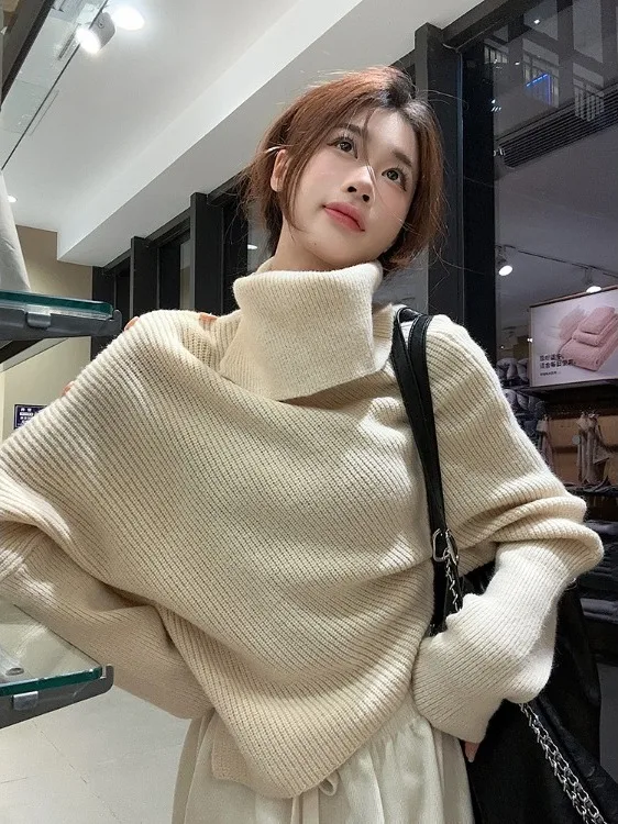 Hoher Kragen, langer Sve, lockerer Strickpullover, asymmetrisches Design, Herbst-Winter-Damen-Cardigan, warme Thermo-Kleidung