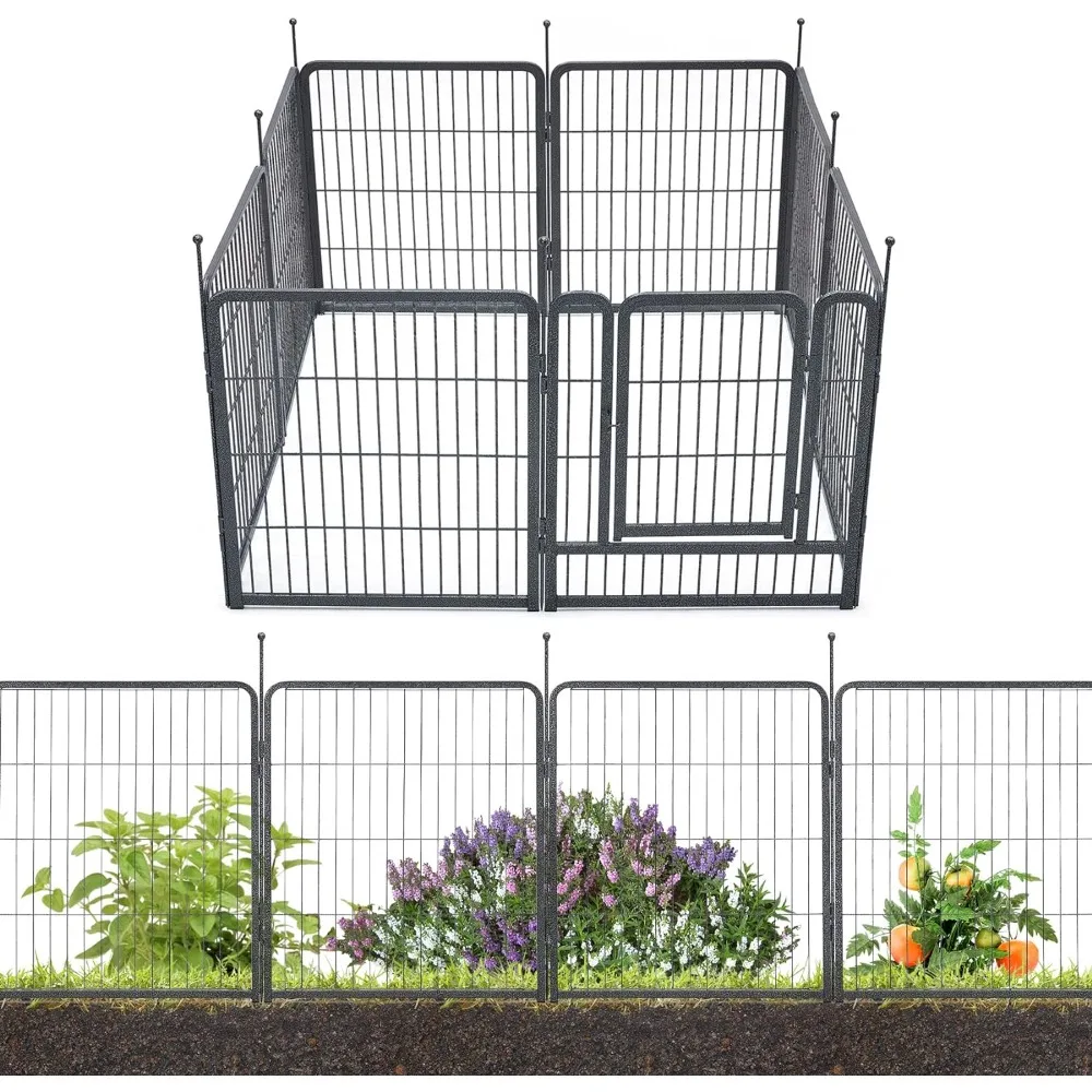 Garden Fence 8 Panels 18ft×32in Decorative Garden Metal Fence with 1 Gate Outdoor Landscape Animal Barrier Dog Pet Fencing