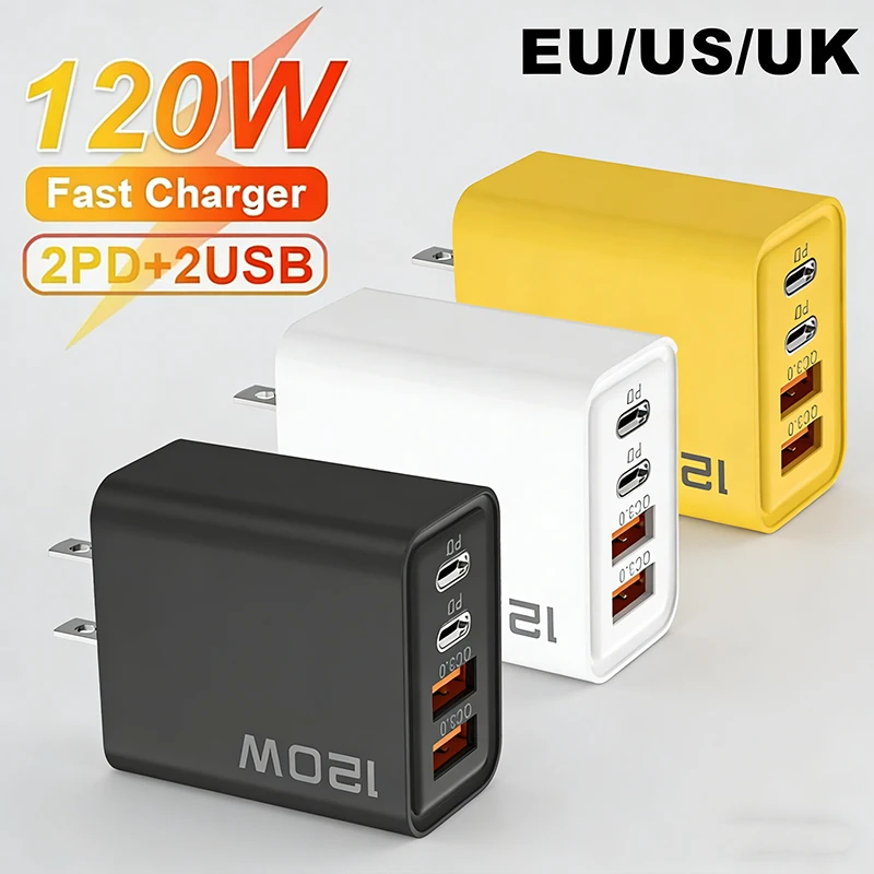 4-Port 120W Ladegerät Schnellladegerät USB C PD Quick Charge 3.0 Typ C USB Telefonadapter für iPhone Samsung Xiaomi Huawei