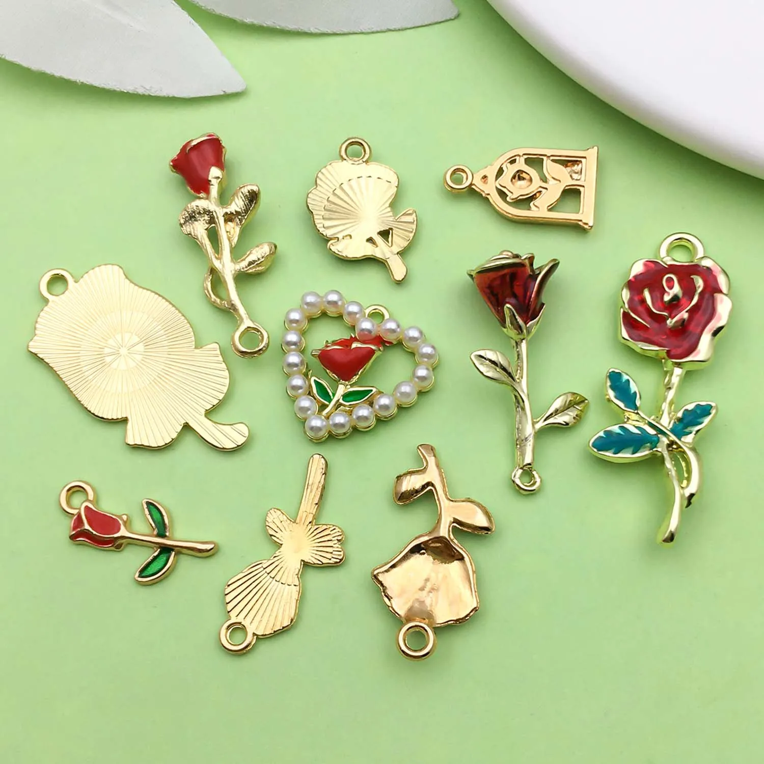 10pcs Enamel Red Rose Flower Design Charms Alloy Flower Pendants for DIY Bracelet Necklace Jewelry Making Accessories