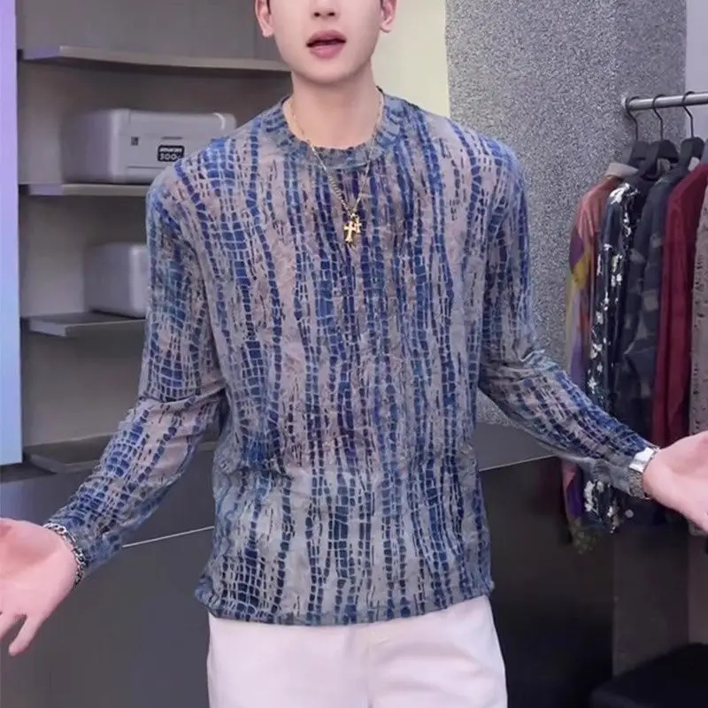 Men Striped Mesh Sheer See Through Long Sleeve O Neck Sweatshirts Fashion Chic Casual All-match Sexy Party Tops Tee Blue Dating