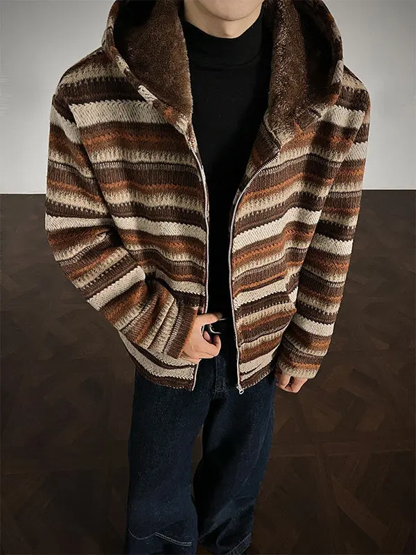 

Thiened Knitted Cardigan Men's Autumn Winter Fce-lined Striped Sweater Jaet Trendy High Street Sle Youthful Elastic