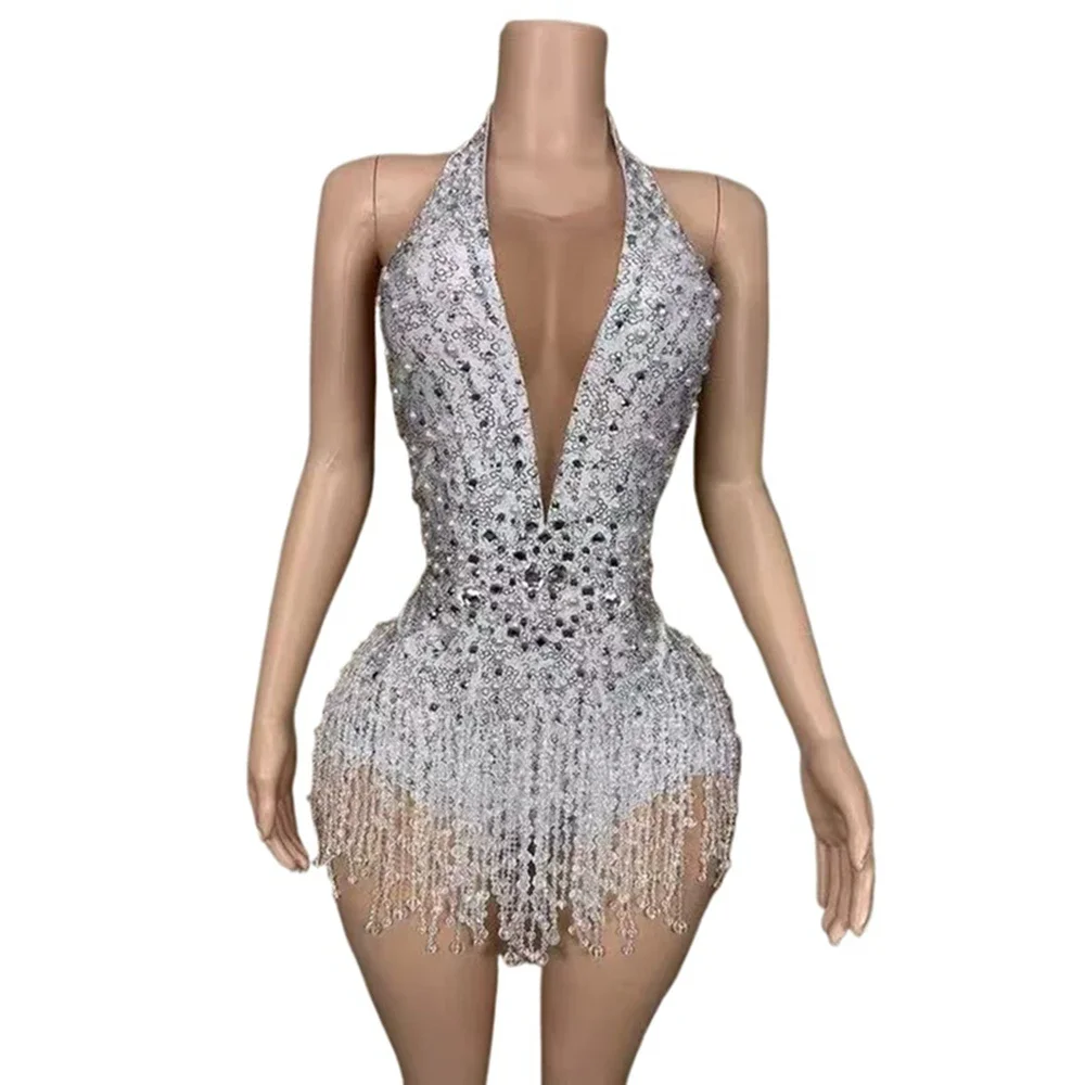 Body con flecos de perlas y diamantes de imitación brillantes, ropa de bailarina para escenario, traje de Club, traje de baile de actuación sin espalda con cuello en V profundo Sexy