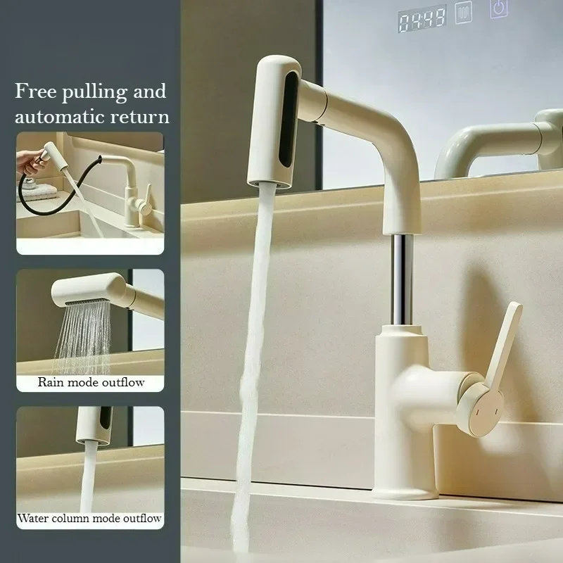Brass Basin Faucet Pull-Out Sprayer Hot Cold Water Sink Mixer Wash Tap for Bathroom - Lift up down Stream Function
