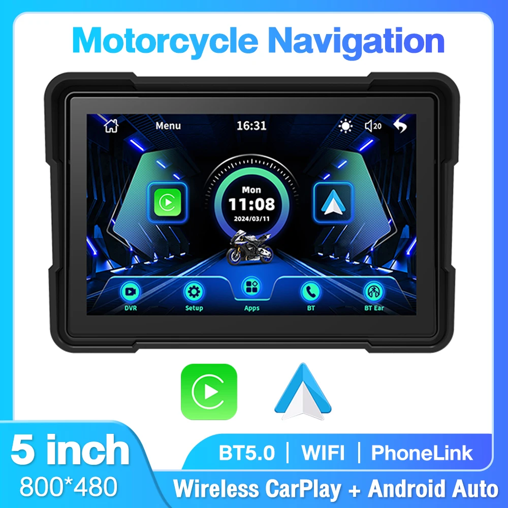 

5 inch Motorcycle Navigation Carplay Display Screen Wireless Android Auto Monitor for Bluethooth Helmet Headset Handsfree Call