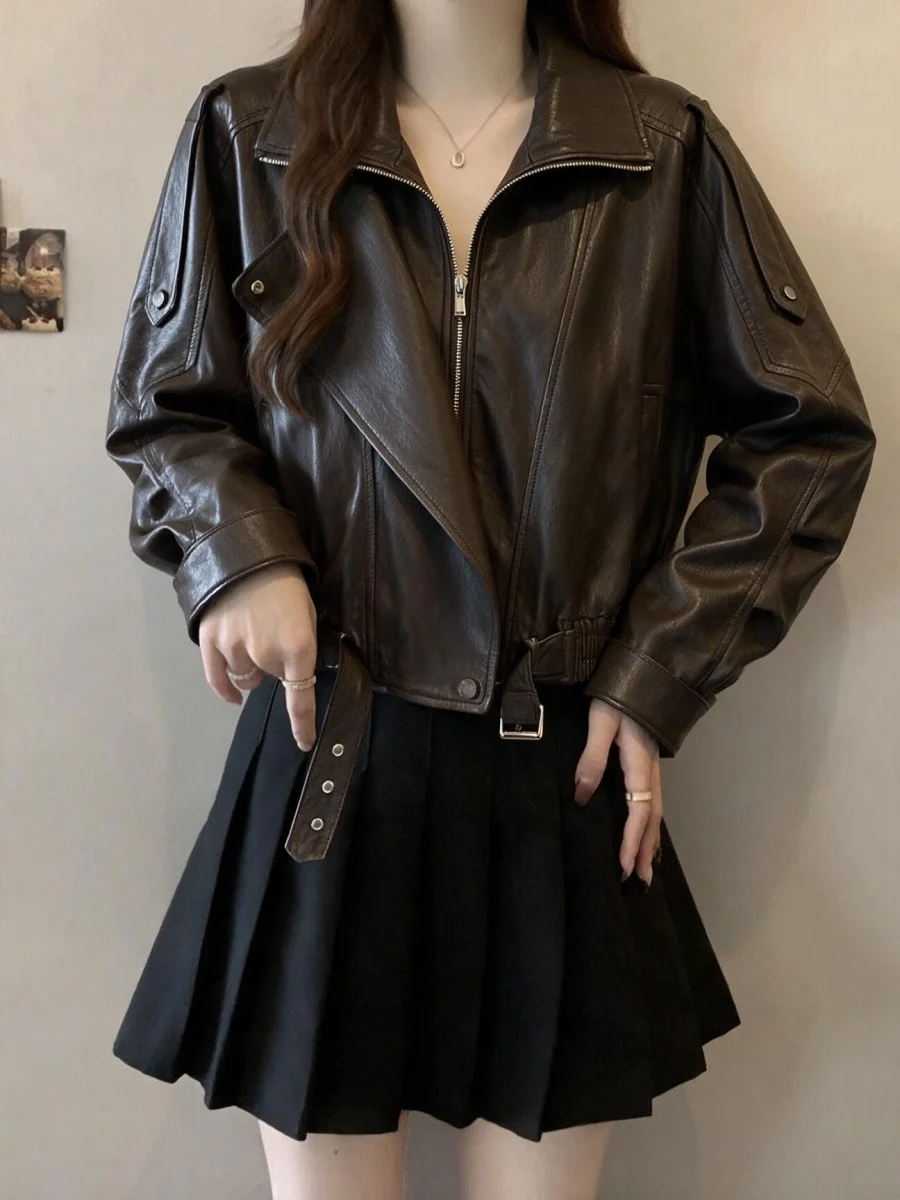 Cool Short PU Leather Jacket Women's Zipper Biker Style Street Fashion Warmth Straight Cut Shoulder Zipper Decorated Casual