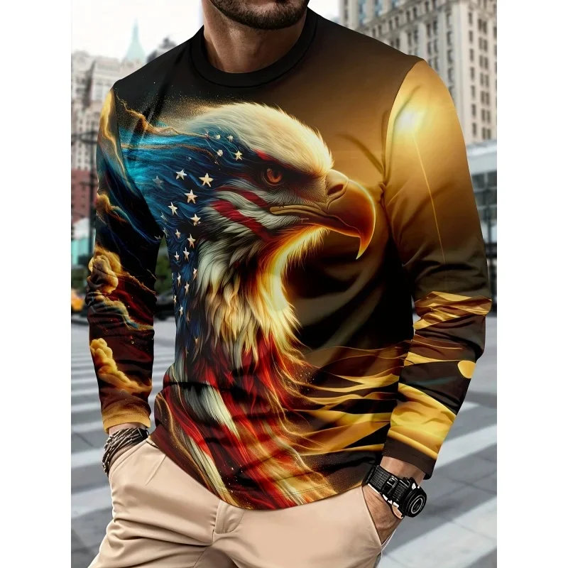 Eagle American Flag Pattern T-Shirt For Men Cool Animal 3D Printed T Shirts Summer Casual Long Sleeves Loose O-Neck Tops Tees