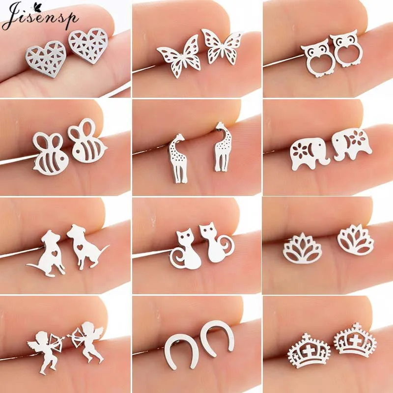 Mutiple Tiny Stainless Steel Animal Earrings for Women Daily Jewelry Cute Cat Dog Bee Heart Earings Korean Cupid Studs Gift