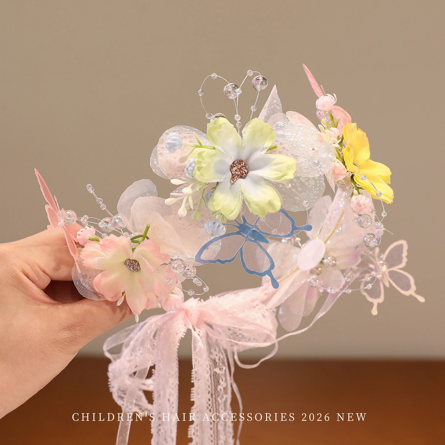2026 Neue Prinzessinnen-Stirnbänder in Blau und Rosa mit Blumen, Schmetterlingen, Muscheln und Perlenquasten, lange Bänder, schmerzfrei für Babys und Mädchen, als Geschenk – Detail 10