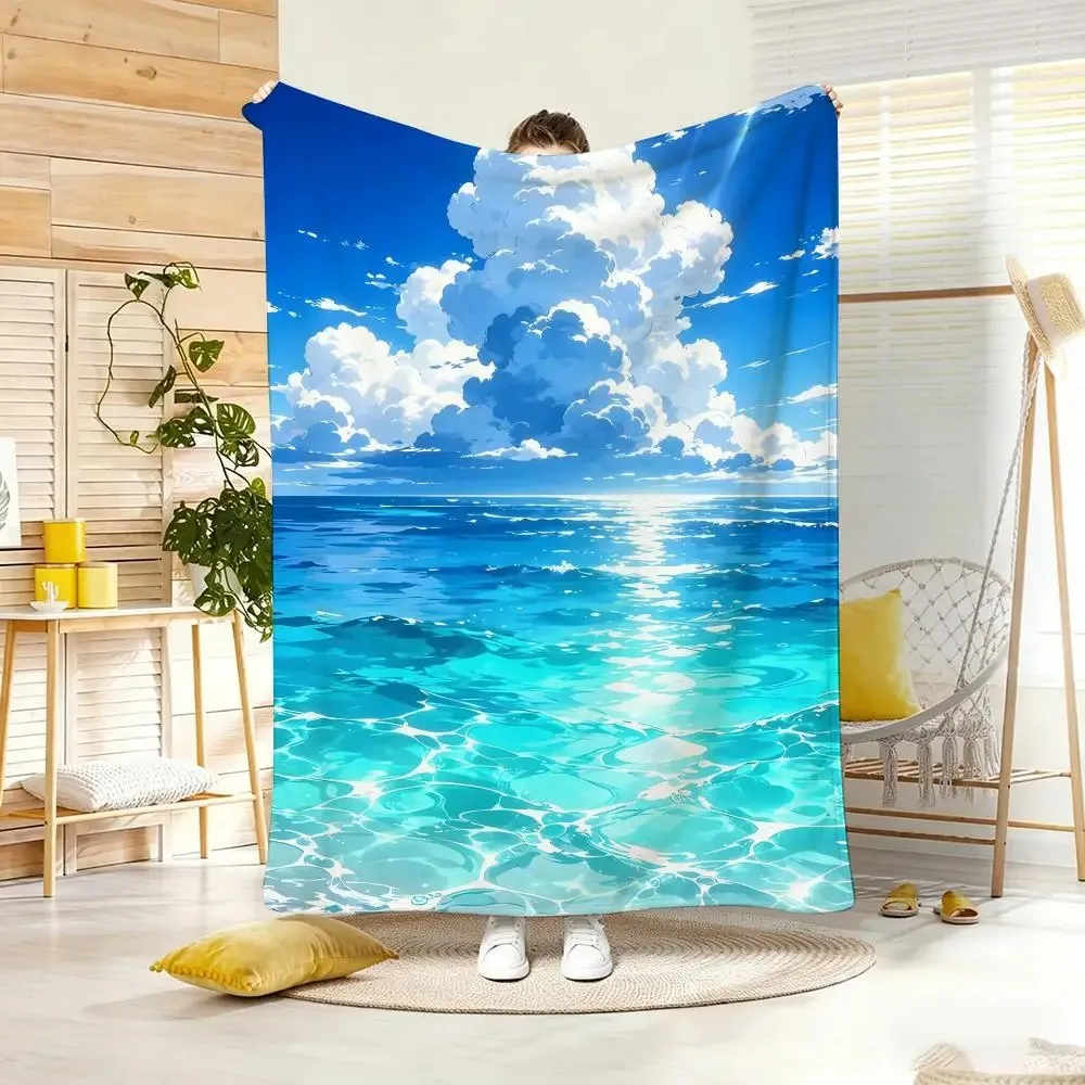 Anime Aesthetic Bright Blue Ocean White Cumulus Cloud Flannel Blanket, Clear Crystal Seawater Sunlight Reflection Soft Fleece Th