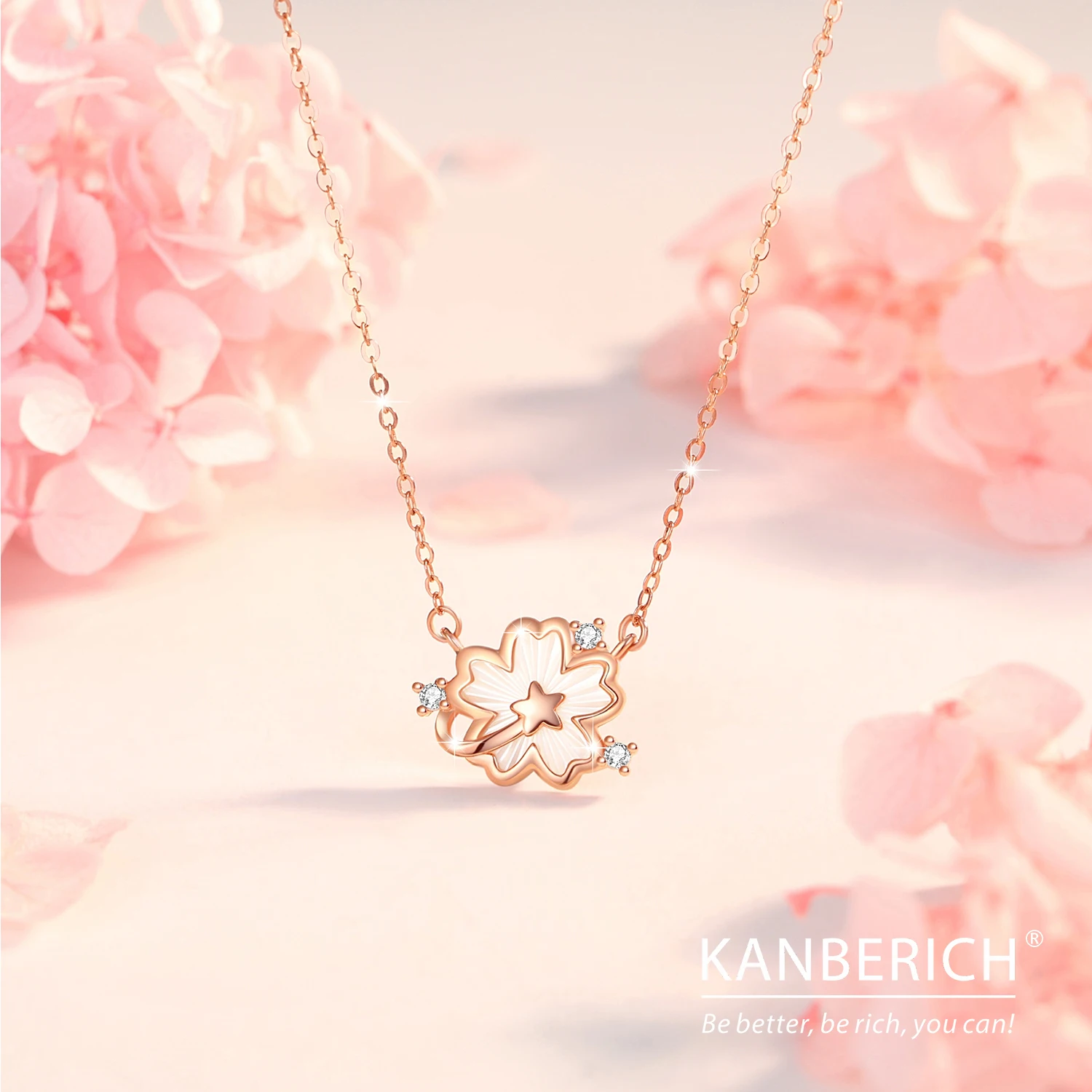 Kanberich S925 Real Sterling Silver Cubic Zirconia Seashell Romantic Sakura Pendant Necklace Clavicle Chain