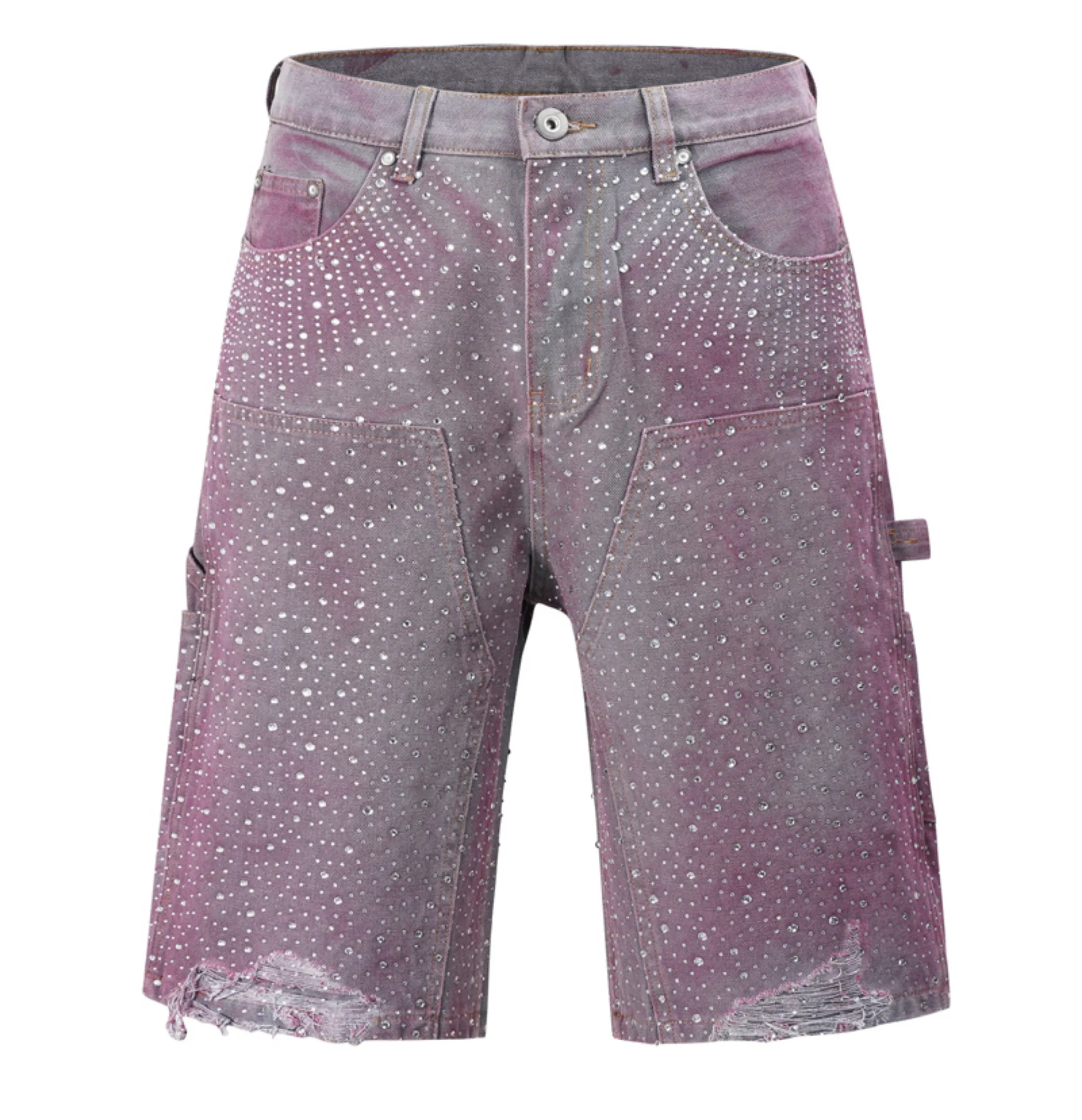 Men's 2025 Summer New Trendy Niche Short Pants High Street Hot Diamond Shorts Male Full Diamond Solid Color Denim Cropped Pants