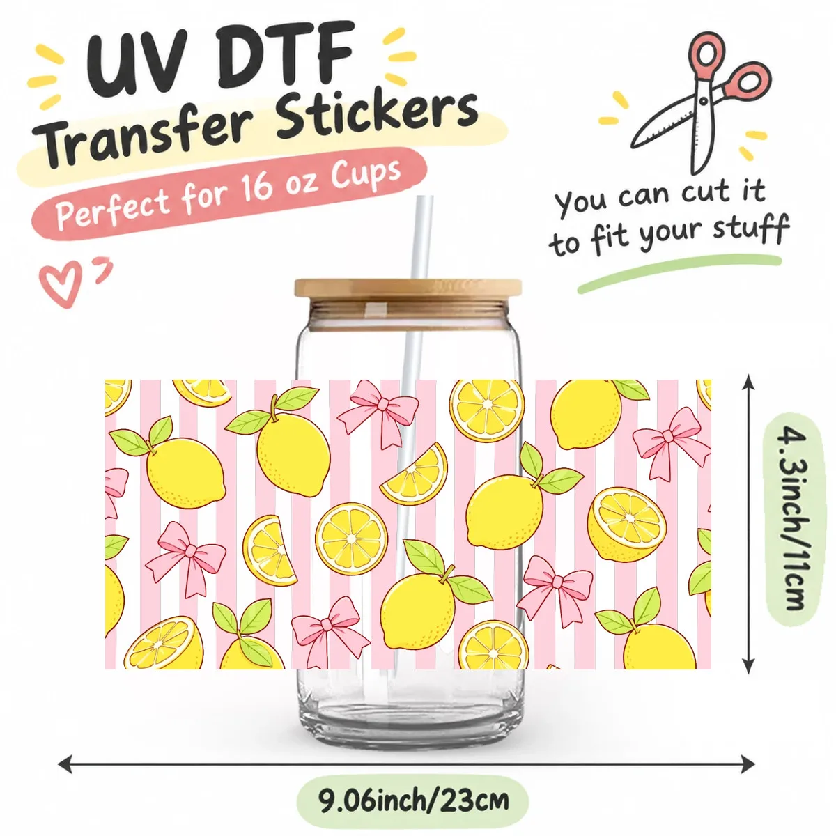 Fruit Pattern UV DTF Cup Wrap Stickers Strawberry Blueberry Lemon Orange Cold Transfer Waterproof Decals for 16oz Libbey Glass C