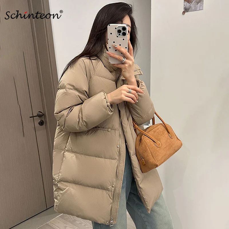 

Schinteon Women Down Jacket Stand Collar Casual Warm Autumn Winter Outwear White Duck Down Stand Collar Coat 2024 New