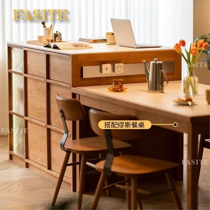 Nordic All Solid Wood Island Platform Cherry Wood Slate Restaurant Bar Storage Cabinet Side Cabinet Locker Log