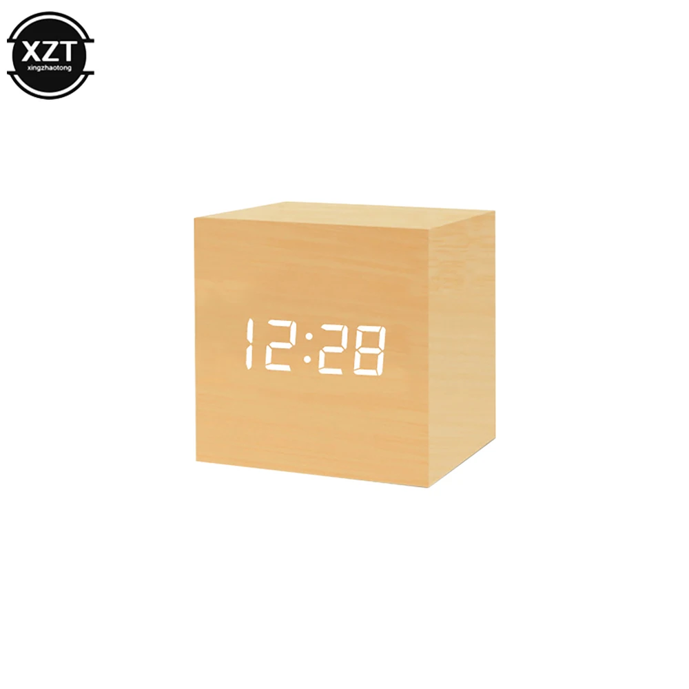 Alarm Clock LED Wooden Watch Table Voice Control Digital Wood Despertador USB/AAA Powered Electronic Desktop Clock