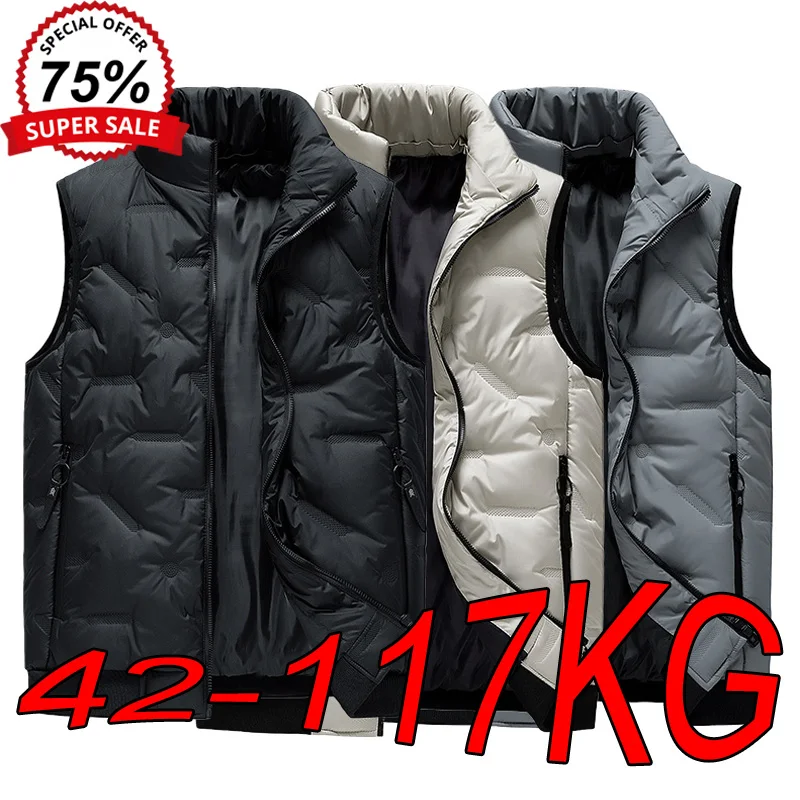 M-8XL Men's Sleeveless Vests Winter Stand-up Collar Plus Velvet Thick Warm Tops Large Size Trendy Solid Color Black Down Vests