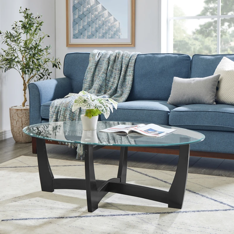 

48 Inch Oval Table Black Round Center With Glass Top Small Coffee Table For Living Room Office And Apartment