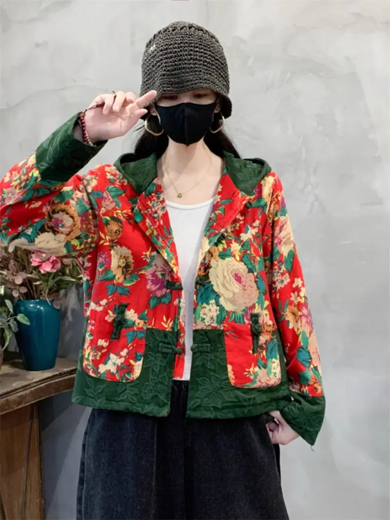 Autumn Ethnic Style Cotton And Linen Retro Button Hooded Jacket For Women Loose Versatile Cardigan Casual Top Printed Coat A025