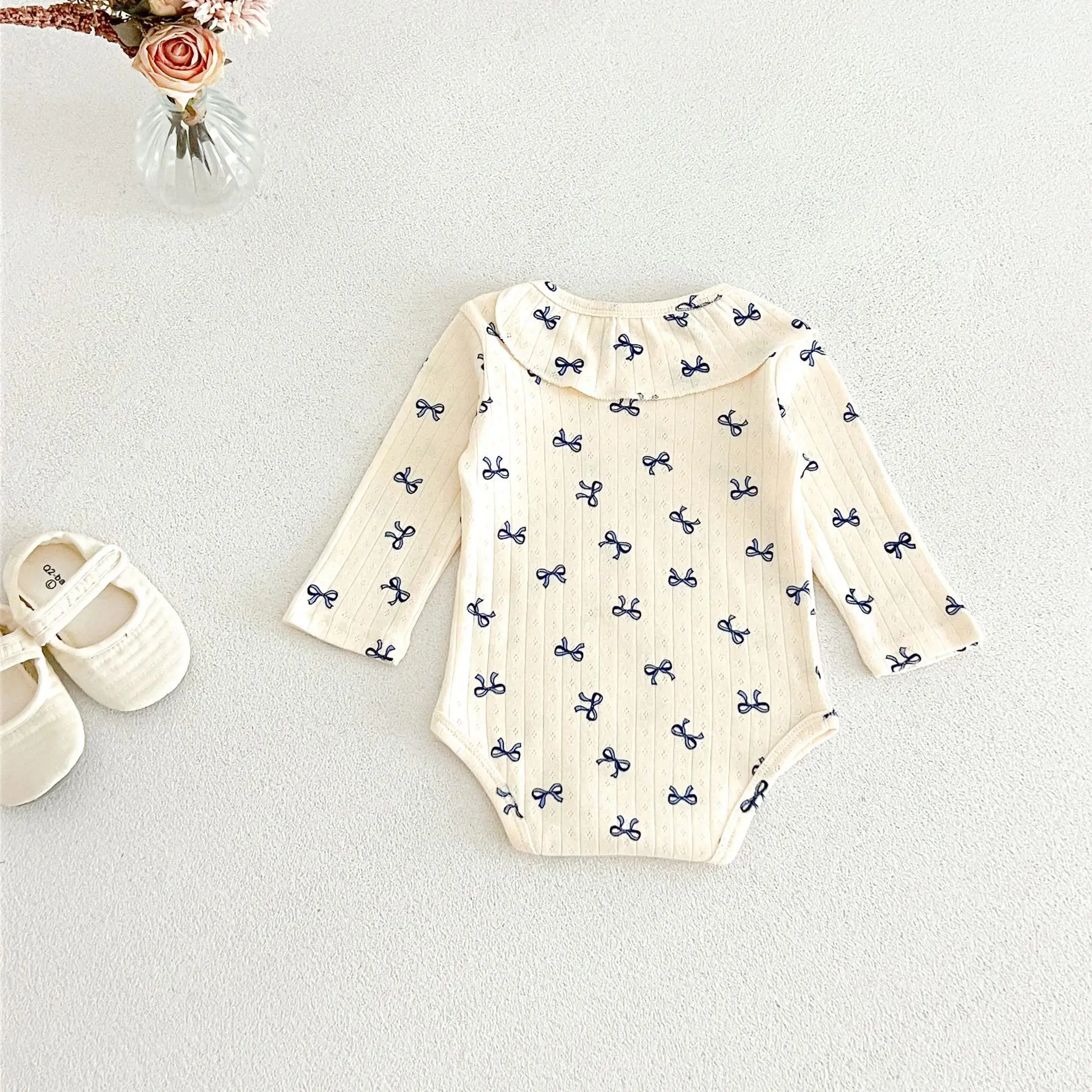 Infant Ribbed Long Sleeve Onesie Ruffled Collar Heart Bow Knot Print Soft Breathable Base Layer Romper