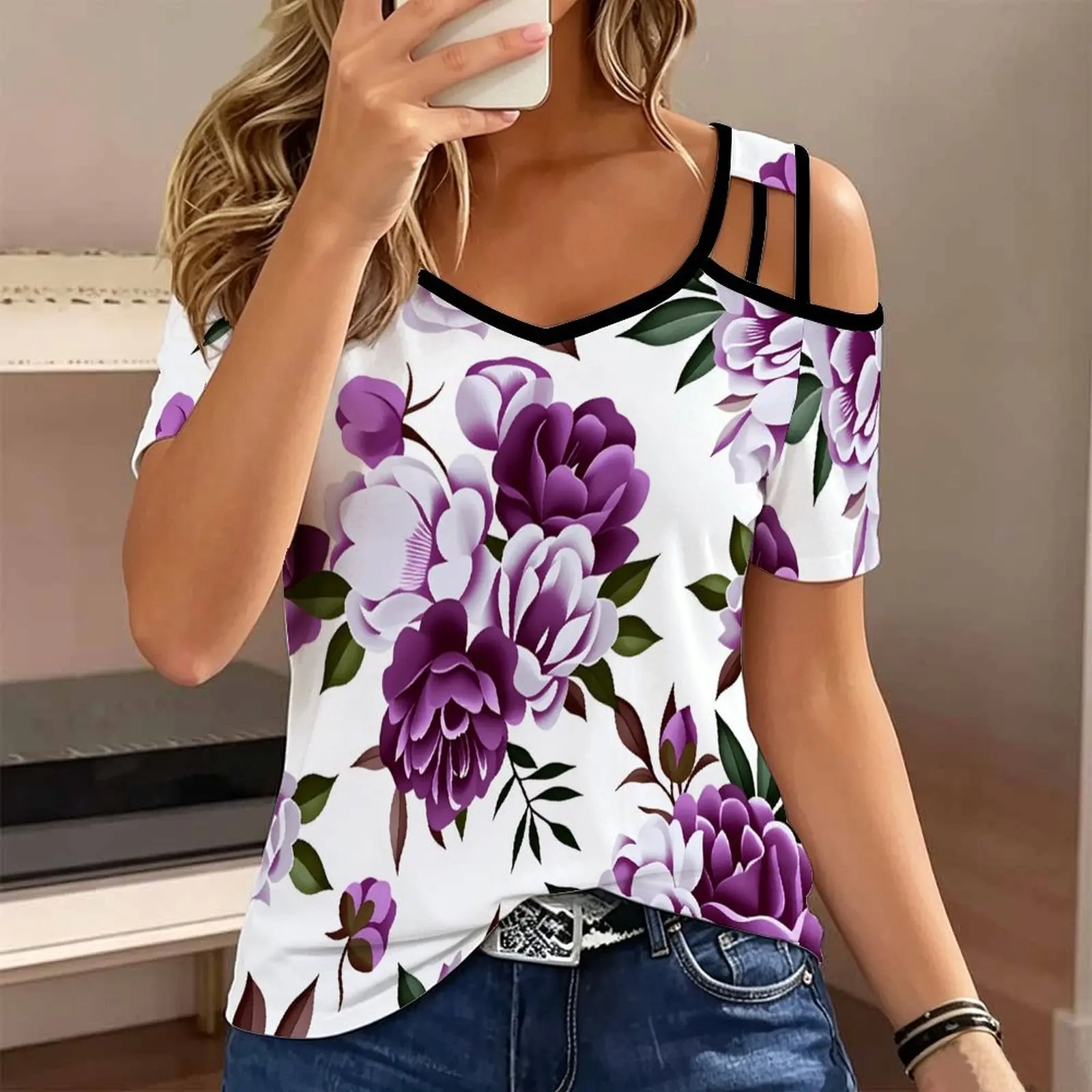 Plus Size Summer Ladies  Slim  Print Cold Shoulder V Neck T-shirt  Fashion Casual Women’s Top Commuting Vacation Beach Outfits
