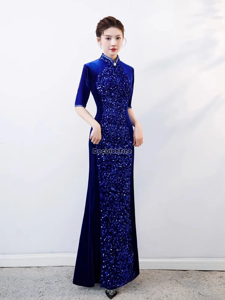 2025 new chinese improved women cheongsam long velvet dress elegant chinese half sleeve stand collar slim party qipao dress w208