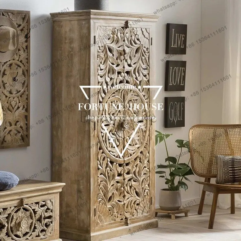 PG French retro old double door wardrobe American solid wood hollow carved locker bedroom wardrobe