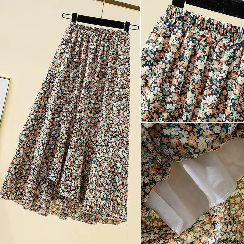 レディース シフォン 花柄 Aライン スカート ミドル丈 ウエストゴム 軽量 通気性 デイリー カジュアル 春夏