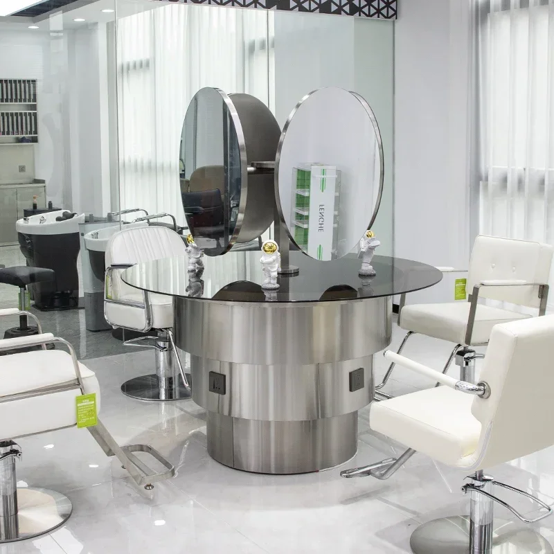 Hair salon four-person perm and dyeing mirror table Stainless steel tempered glass countertop Barber shop hair cutting mirror