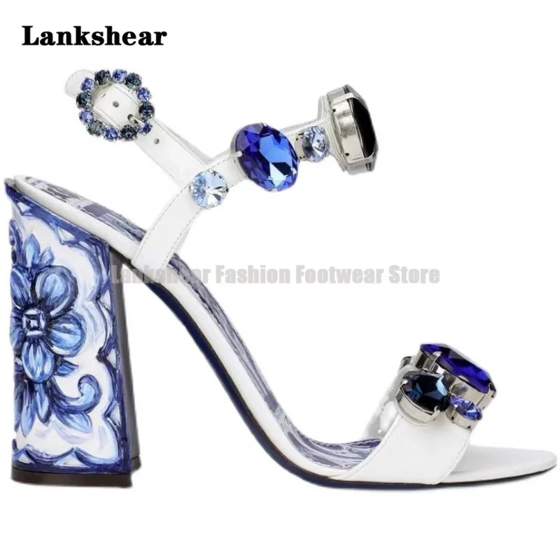 

Blue and White Porcelain Printed Rhinestone Gemstone Sandals with High Heels 10Cm Evening Party Wedding New Women's Shoes