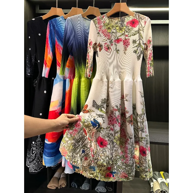 

Miyake Pleated Dress 2026 New Mid-Sleeve Waist-Cinched A-Line Flared Dress Fashion Printed Stretch Women Vacation Commuter Wear