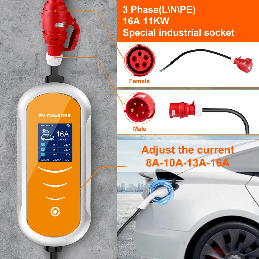 Electric Car Charger 3Phase 16A Portable Charger Type2 EVSE Charging Box Appointment time Cee Plug IEC62196 For Electric Vehicle