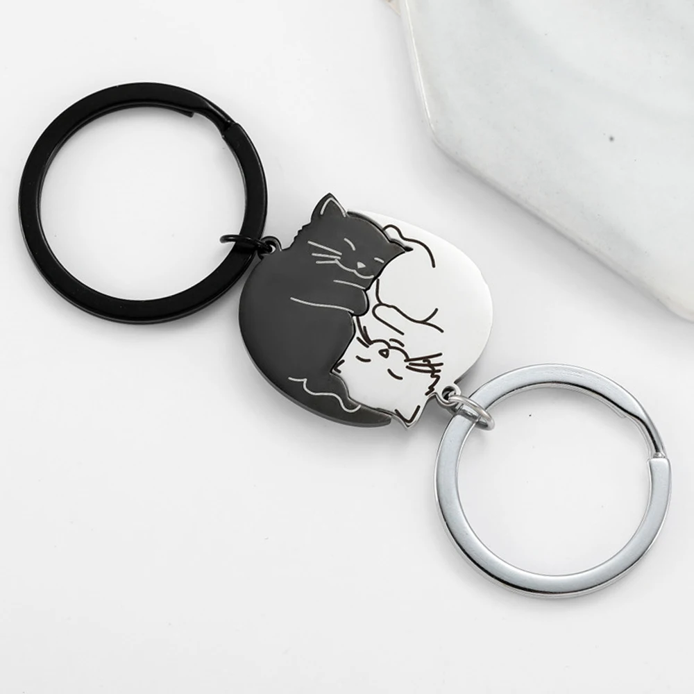 Black Cat Matching Couples Keychain Stainless Steel Puzzle Keyring Valentines Gifts for Boyfriend Girlfriend Wife Husband Friend