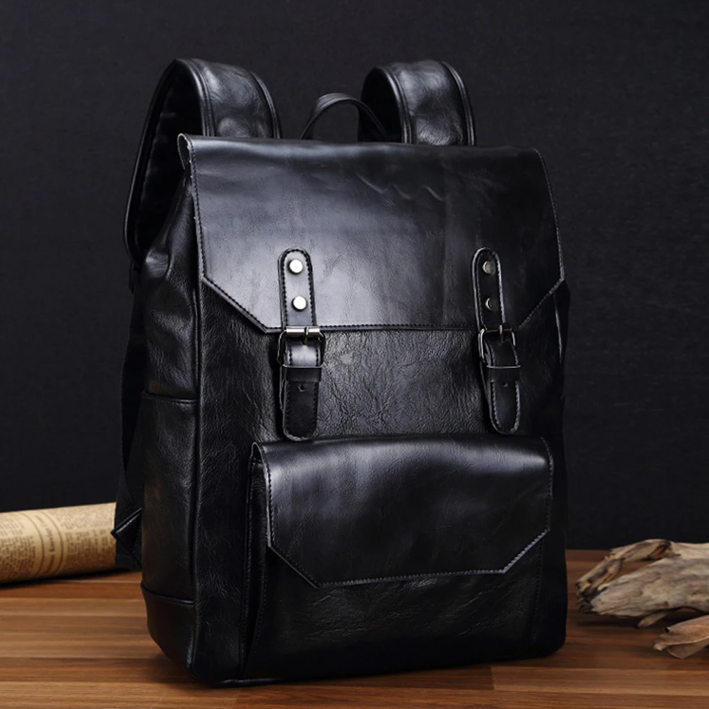 Sac à dos en cuir PU imperméable pour homme, sacs à dos vintage pour ordinateur portable, sac à dos étudiant pour l'école, structure de réglage pour le bureau, noir