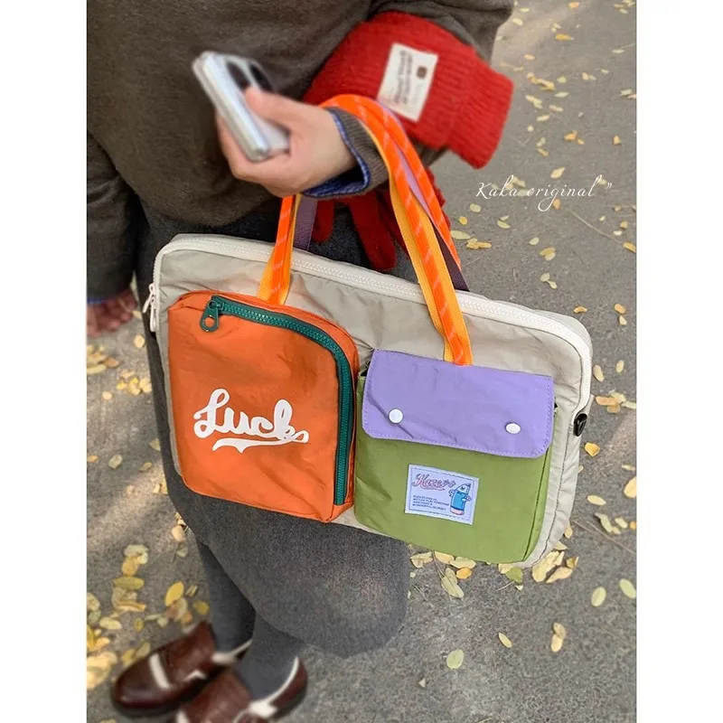 

New trendy computer bag, women's contrasting canvas bag, casual large capacity portable travel bag