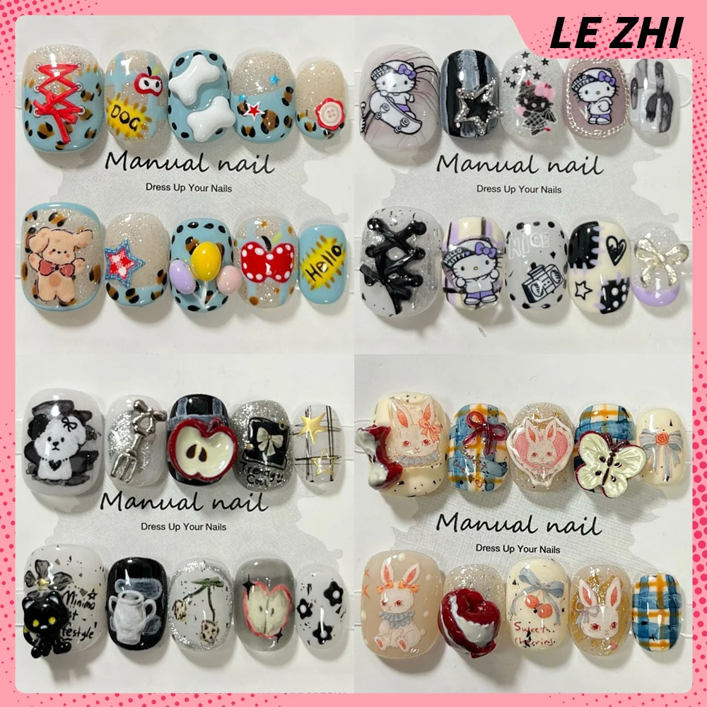 

Kawaii Sanrio Hello Kittys Short Square Round Handmade Wearable Press On Nails Cartoon Rabbit Dog Bear Squirrel Bow Fake Nails
