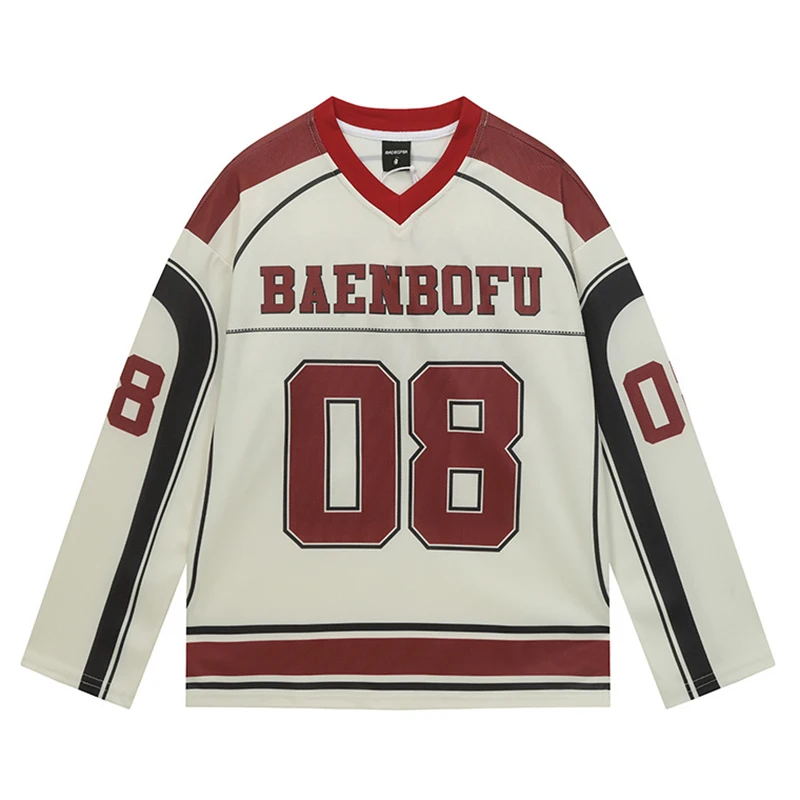 

Mens Oversized Ice Hockey Jersey Streetwear Long Sleeve V Neck Hip Hop Sports Shirt Loose Fit Casual Top 08 Printed Clothing
