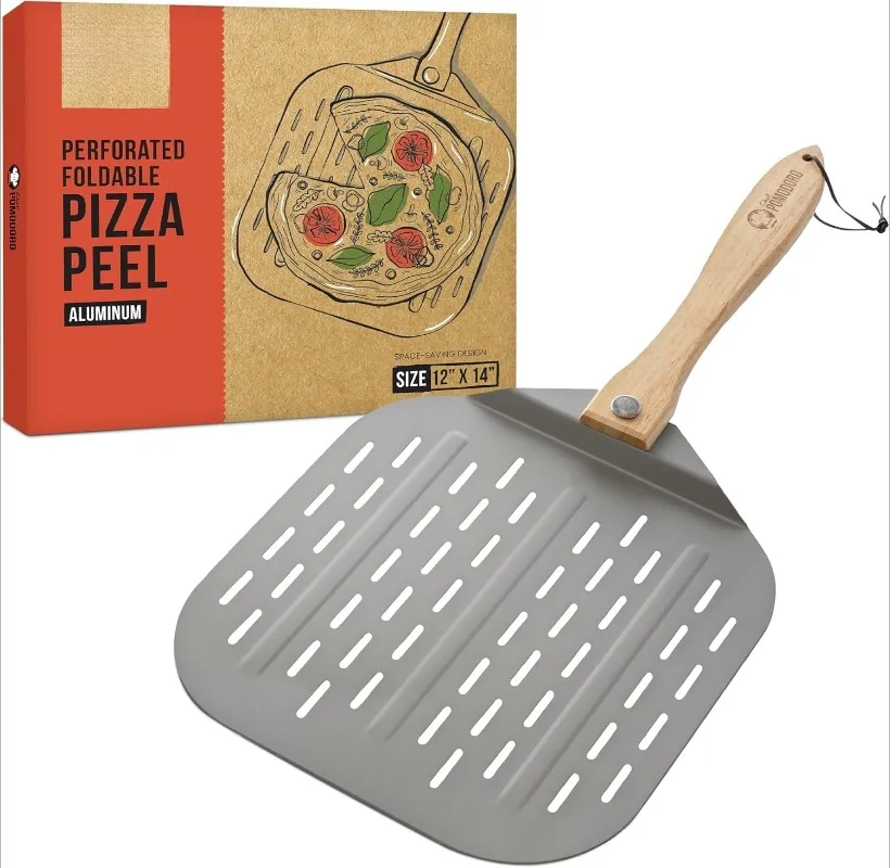 

Perforated Aluminum Metal Pizza Peel with Foldable Wood Handle for Easy Storage, Premium Pizza Paddle with Holes f