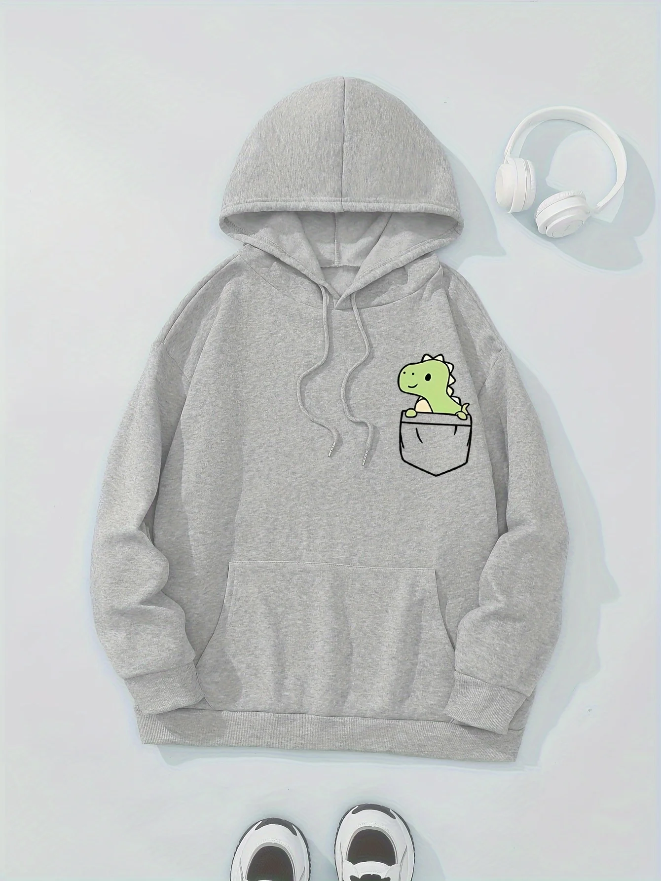 2025 Otoño e Invierno lindo pequeño dinosaurio patrón impreso sudaderas con capucha cuello redondo manga larga Casual ropa de mujer