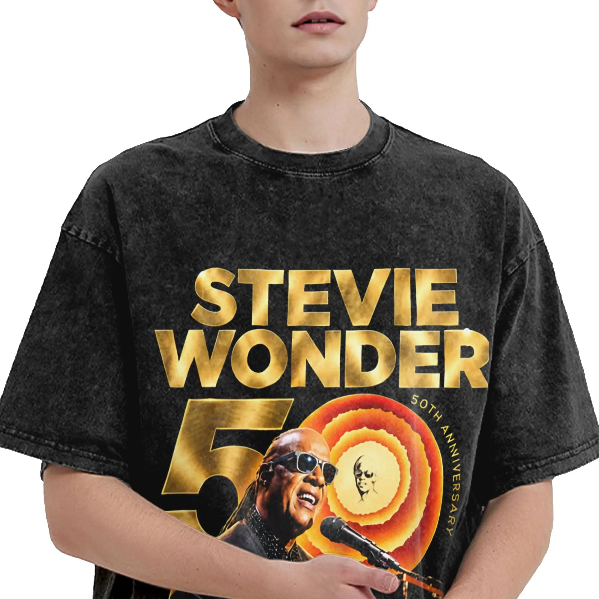 Stevie Wonder Songs in The Key of Life 50th Anniversary Tour  T Shirt Hip Hop Washed Short Sleeve T-Shirt Streetwear