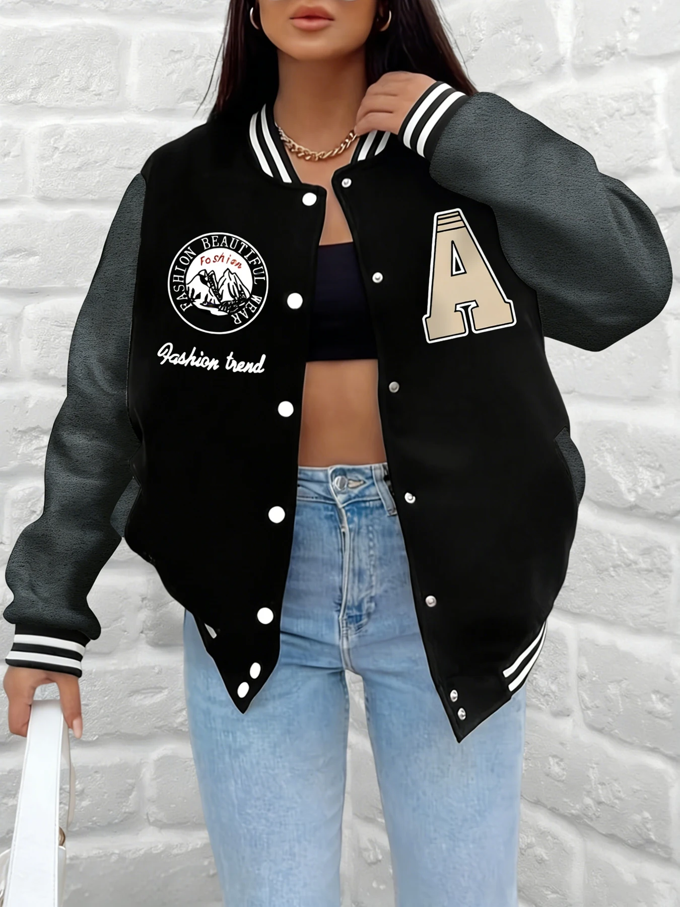 

Women Fashion Trend Themed Letter A Mountain Logo Print Baseball Jacket Varsity Coat Loose Fit Outerwear Casual Street Fashion