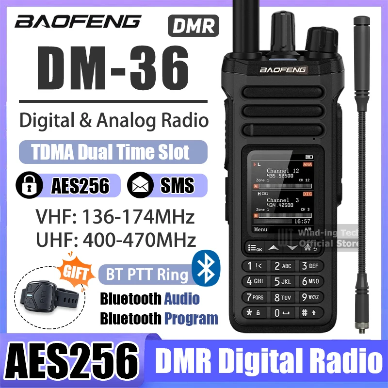 Baofeng DM-36 DMR Digital Analog Radio with Free PTT Ring Dual Time Slot Man Down Type-C Bluetooth Program Audio Walkie Talkie